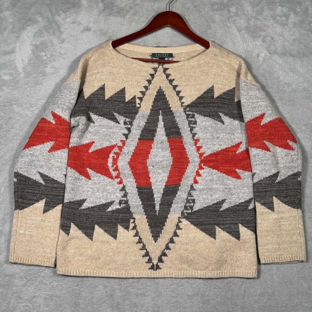 Lauren Ralph Lauren Sweater Womens Medium Wool Linen‎ Aztec Crewneck Pullover